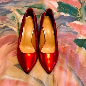 GORGEOUS RUBY RED SLIPPERS! High Heel Leather Pointed Toe Wedge
